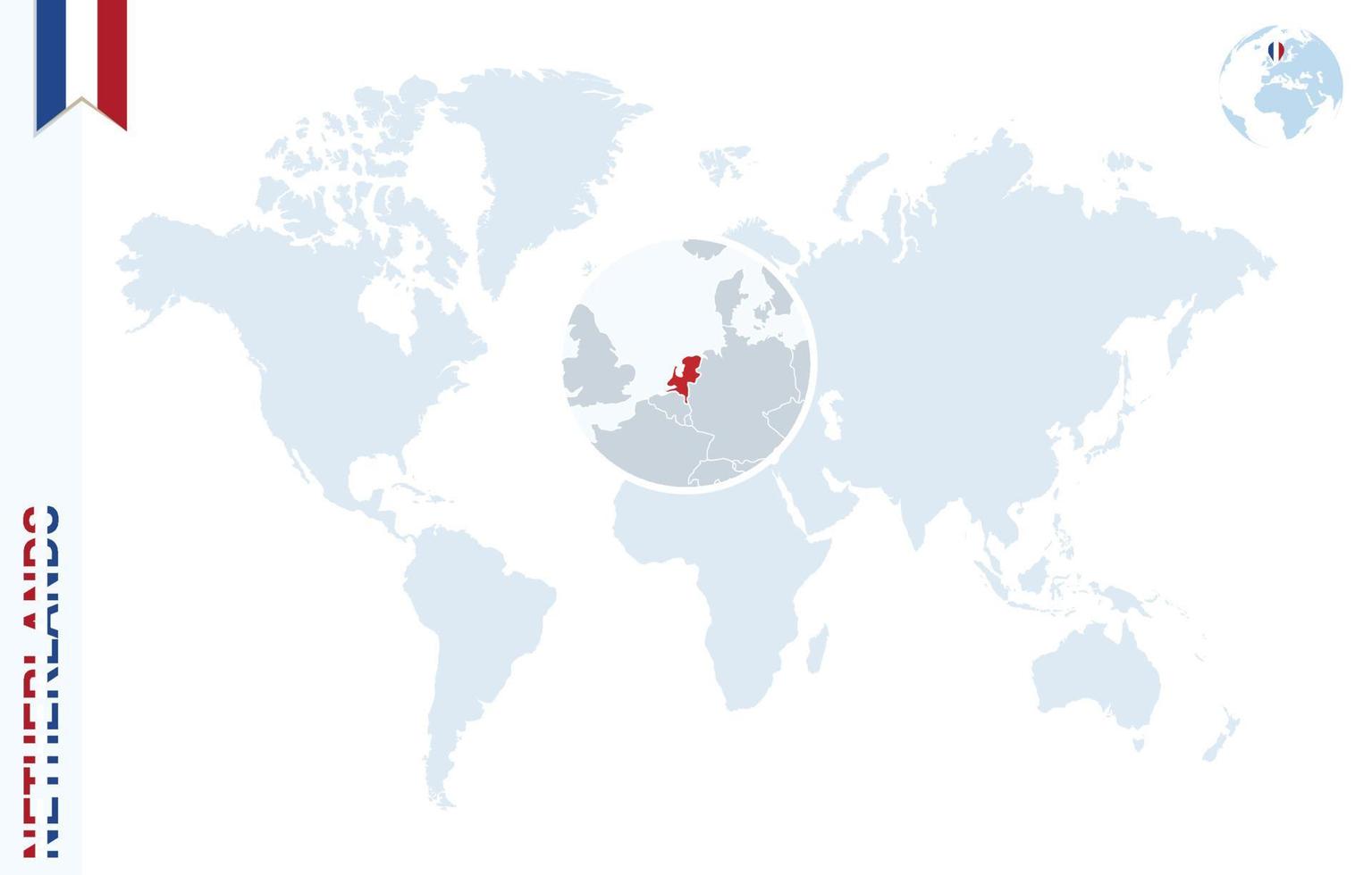 carte du monde bleu avec loupe sur les pays-bas. vecteur