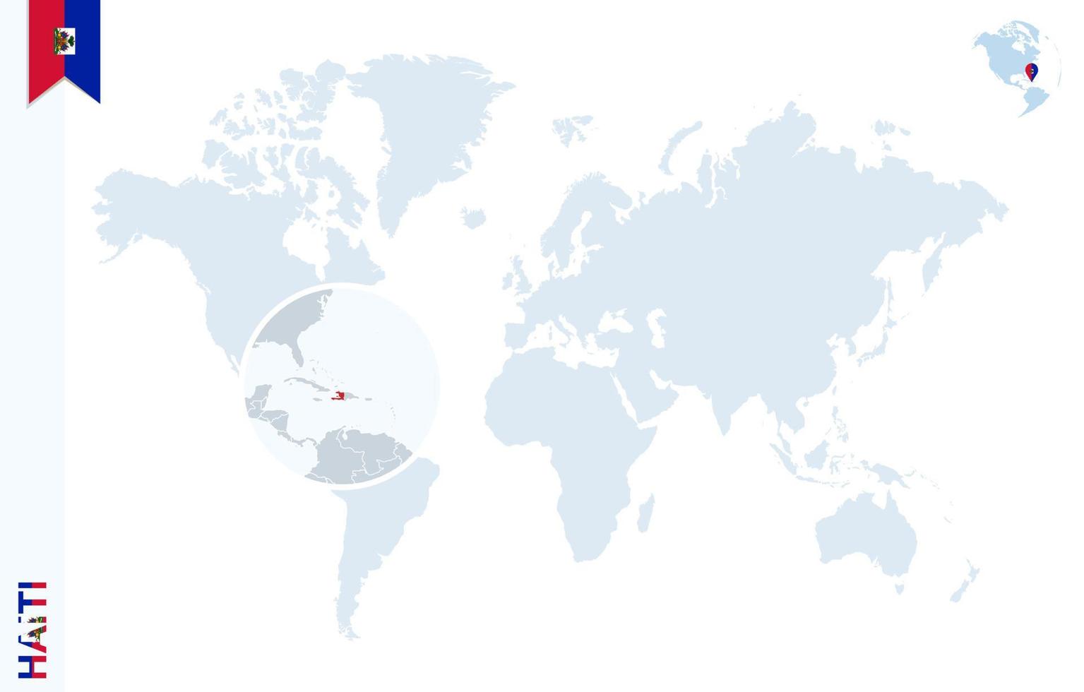 carte du monde bleu avec loupe sur haïti. vecteur