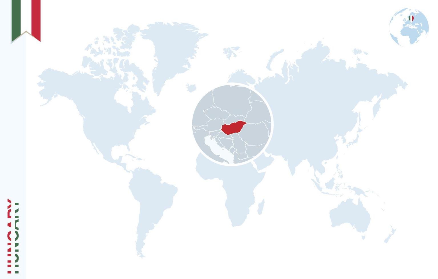 carte du monde bleu avec loupe sur la hongrie. vecteur