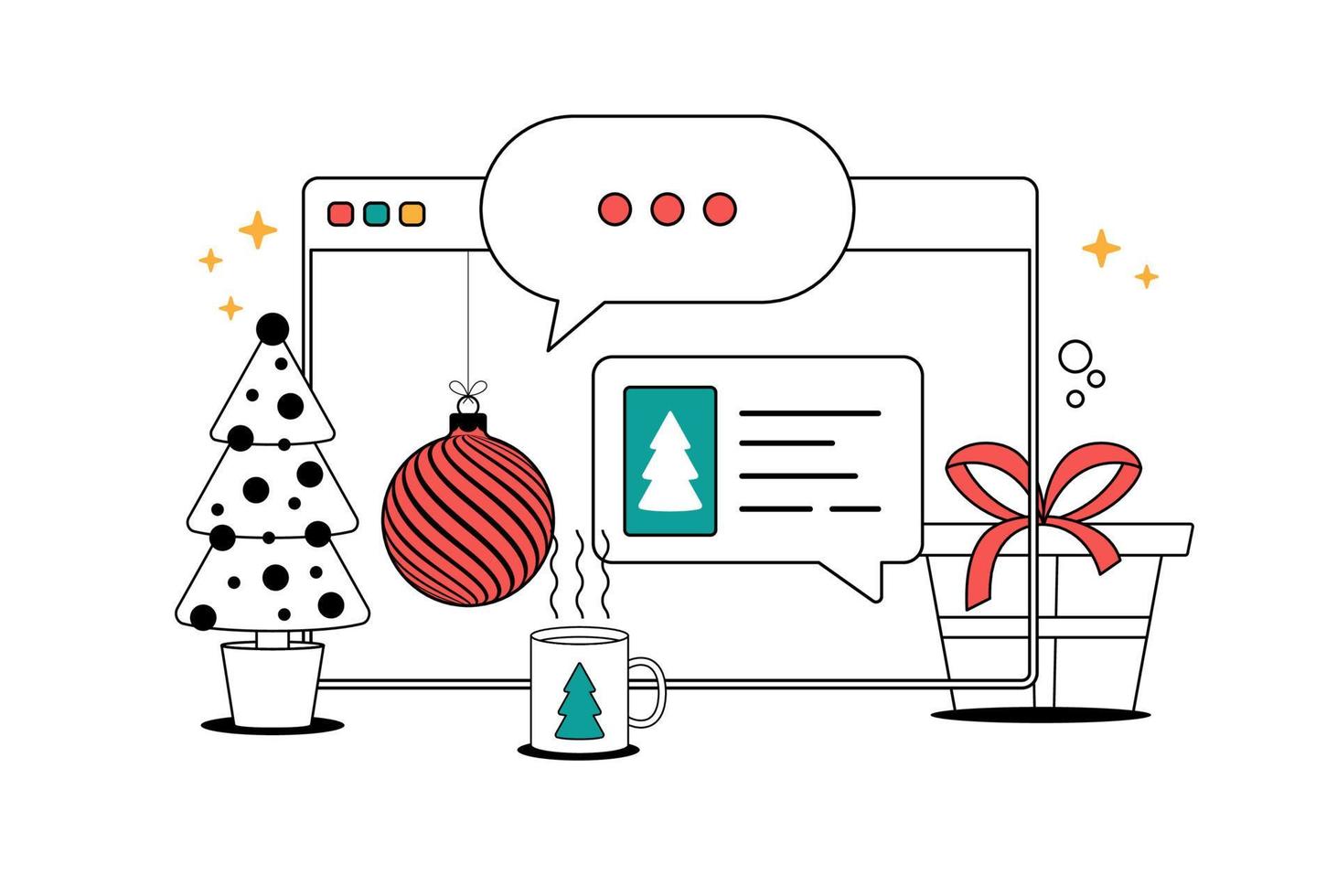 chat de noël sur le navigateur. messages de chat sur l'illustration vectorielle en ligne de l'ordinateur, espace de travail de dessin animé en ligne avec notifications de bulle de chat, arbre et cadeau vecteur