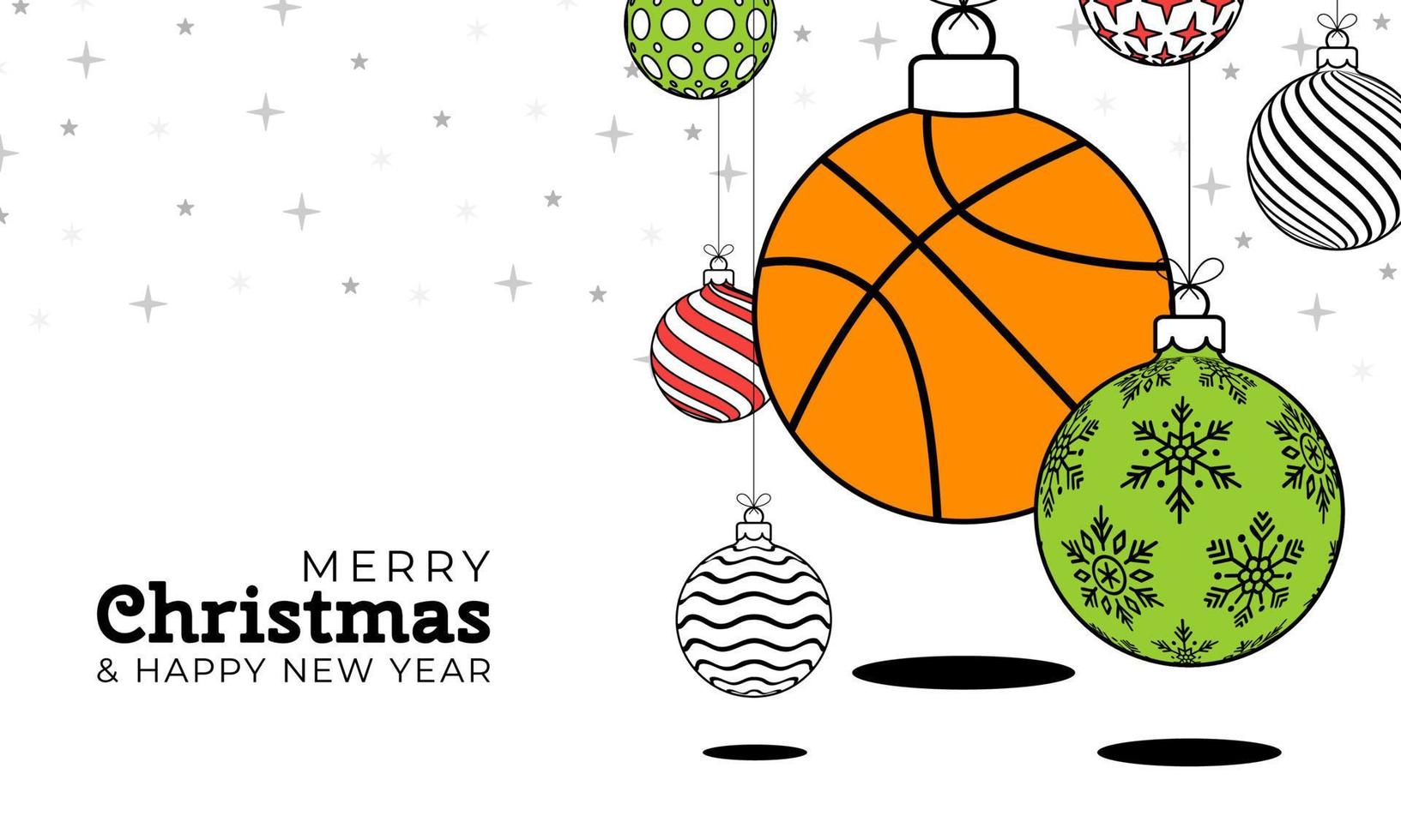 carte de voeux de noël de basket-ball dans un style de ligne à la mode. joyeux noël et bonne année contour bannière de sport de dessin animé. ballon de basket comme boule de Noël sur fond blanc. illustration vectorielle. vecteur