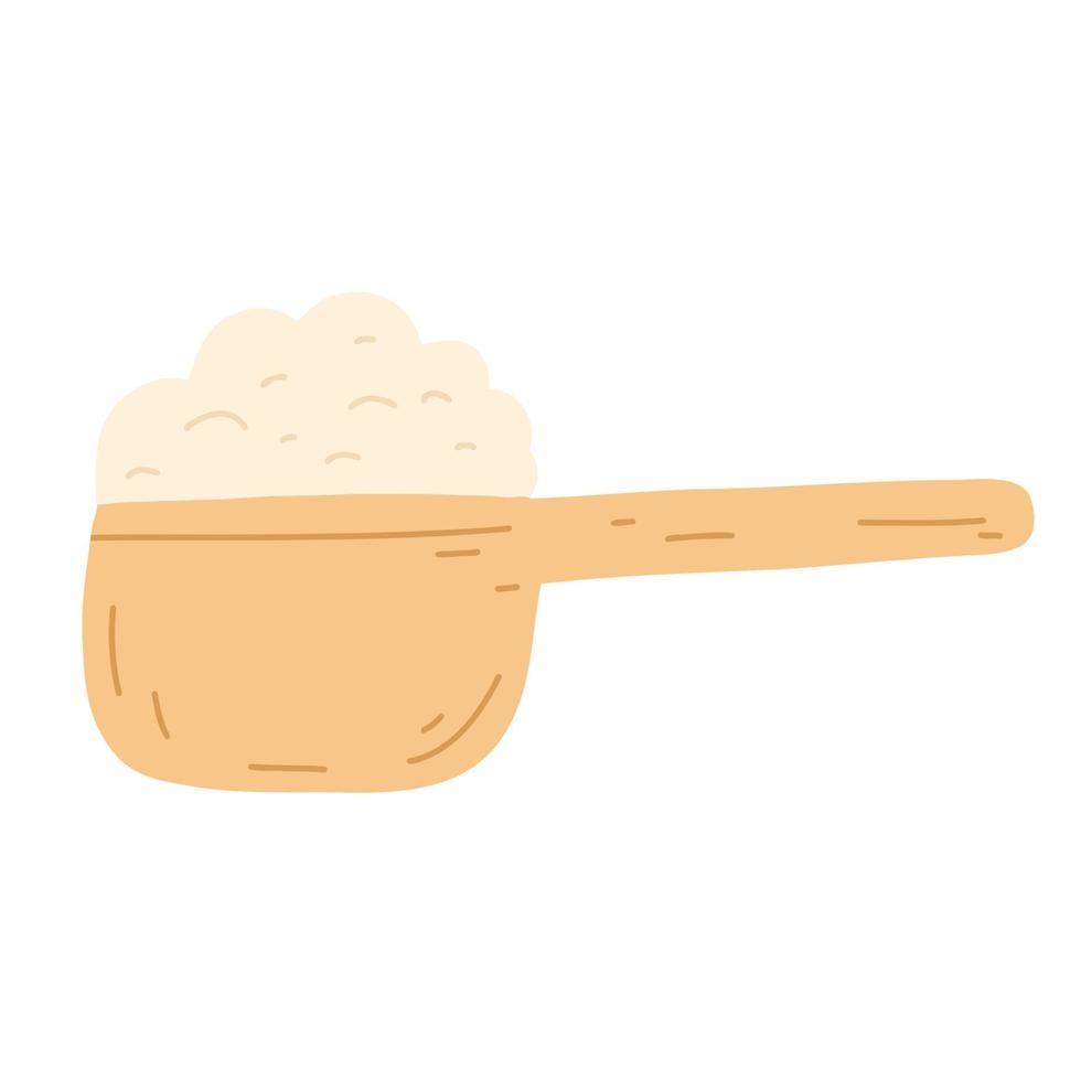 cuillère en bois avec de la farine dans un style plat dessiné à la main. illustration vectorielle de céréales, sucre, poudre, flocons de noix de coco vecteur