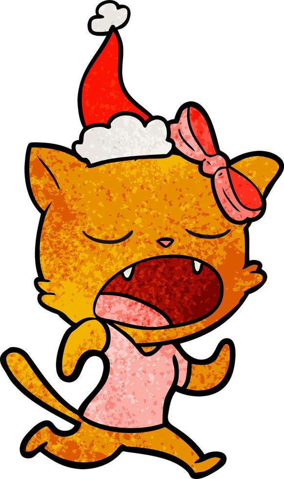 dessin animé texturé d'un chat béant portant un bonnet de noel vecteur