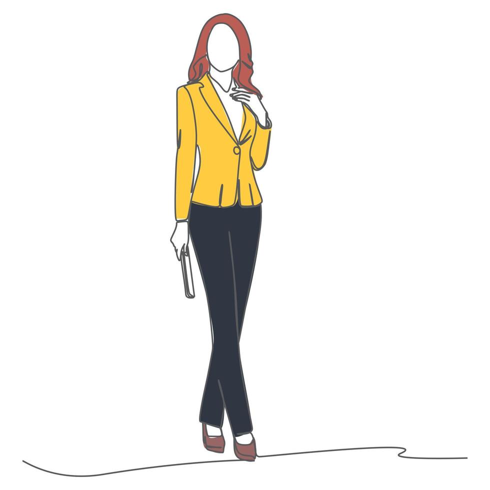 une jeune femme d'affaires debout et portant un portefeuille. portrait en pied isolé sur fond blanc. illustration vectorielle de dessin au trait simple continu de couleur plate simple vecteur
