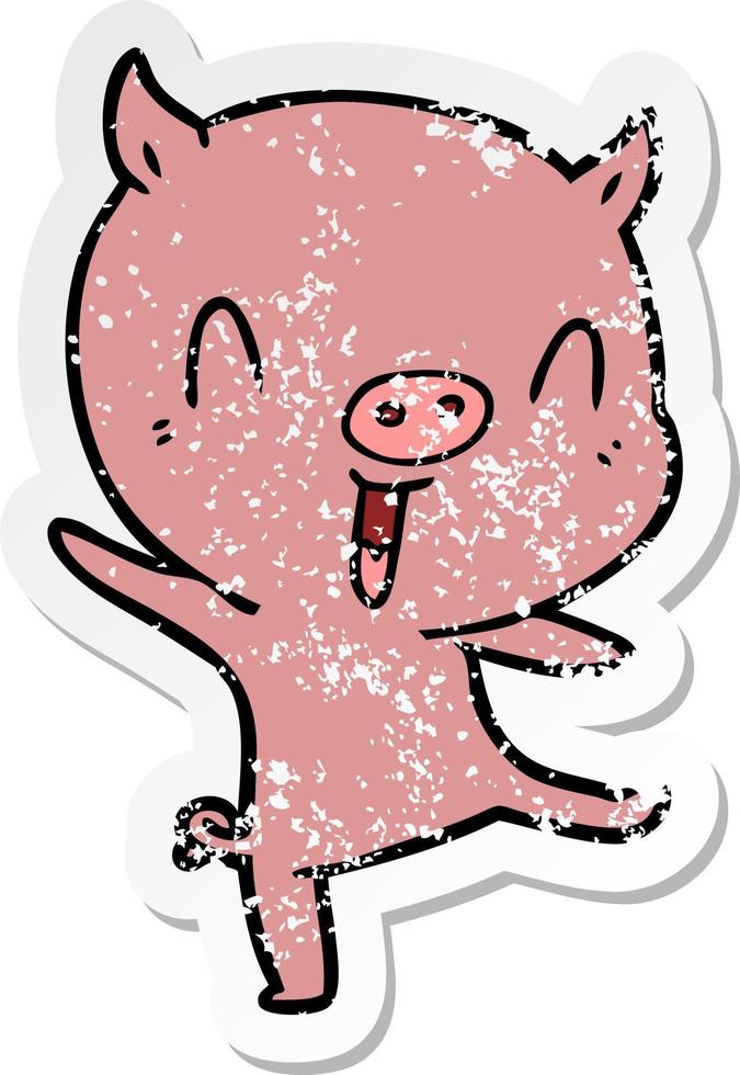 autocollant en détresse d'un cochon de dessin animé dansant vecteur