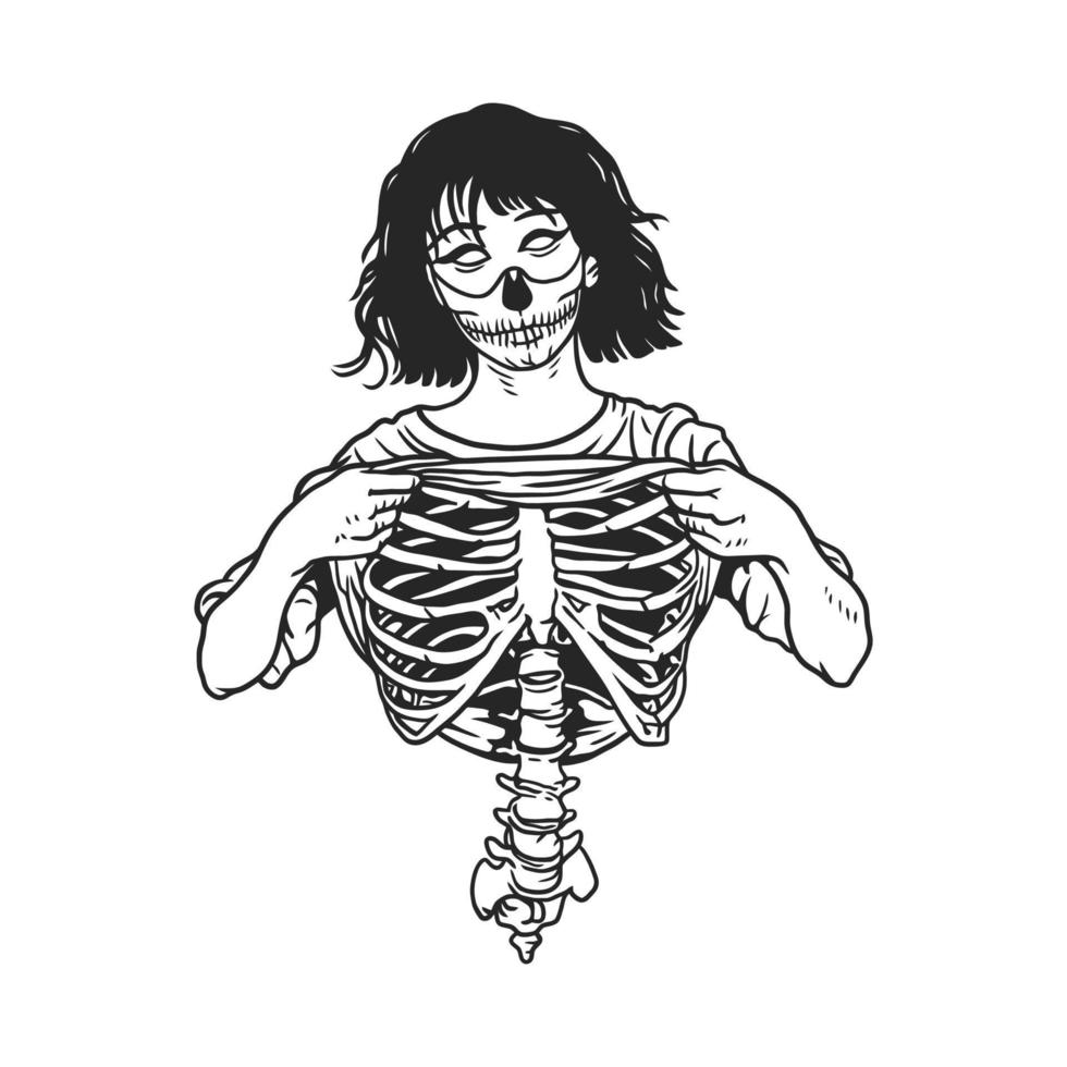 une femme masquée effrayante soulève sa chemise et montre son corps squelettique vecteur