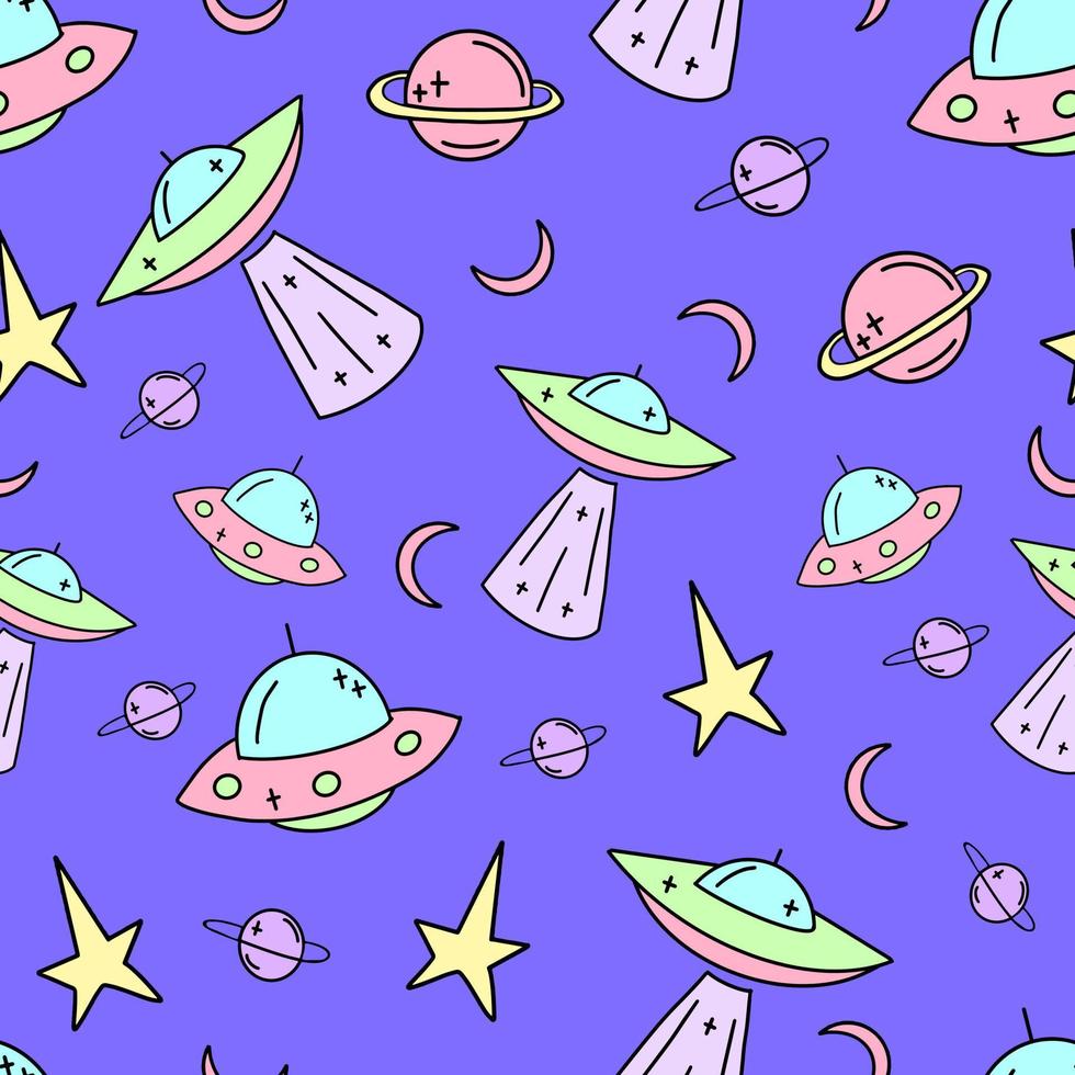 vecteur de modèle pour enfants sans couture ufo. illustration de galaxie en style cartoon. illustration vectorielle