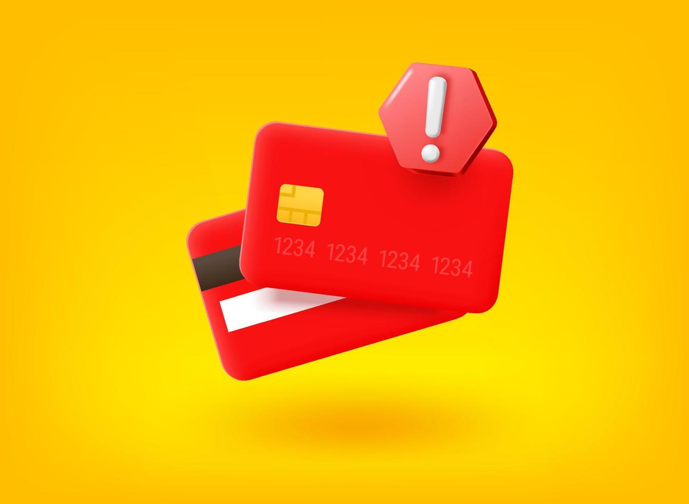 carte bancaire en plastique avec point d'exclamation. vecteur 3d illustration