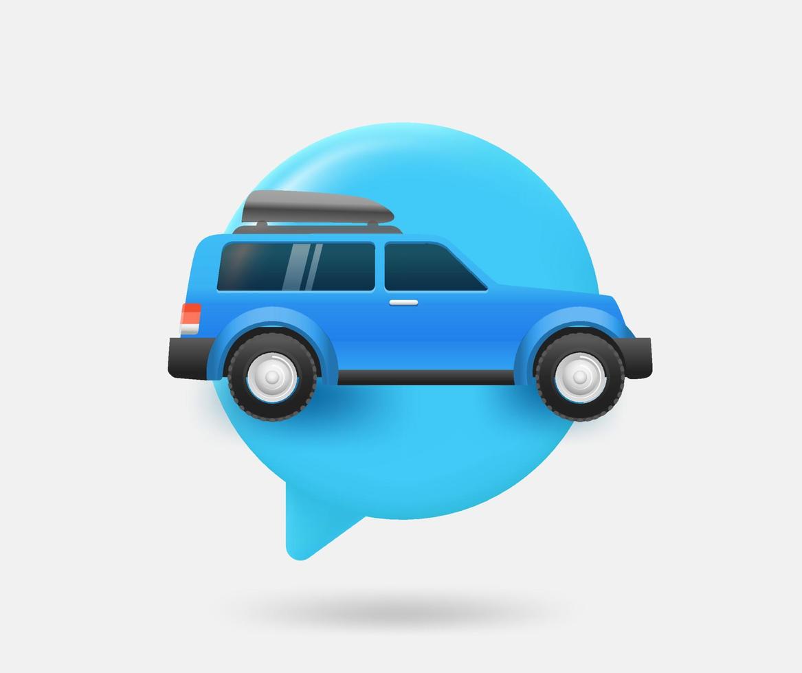 nuage de discours avec voiture bleue. concept de voyage en voiture. illustration vectorielle 3d isolée vecteur