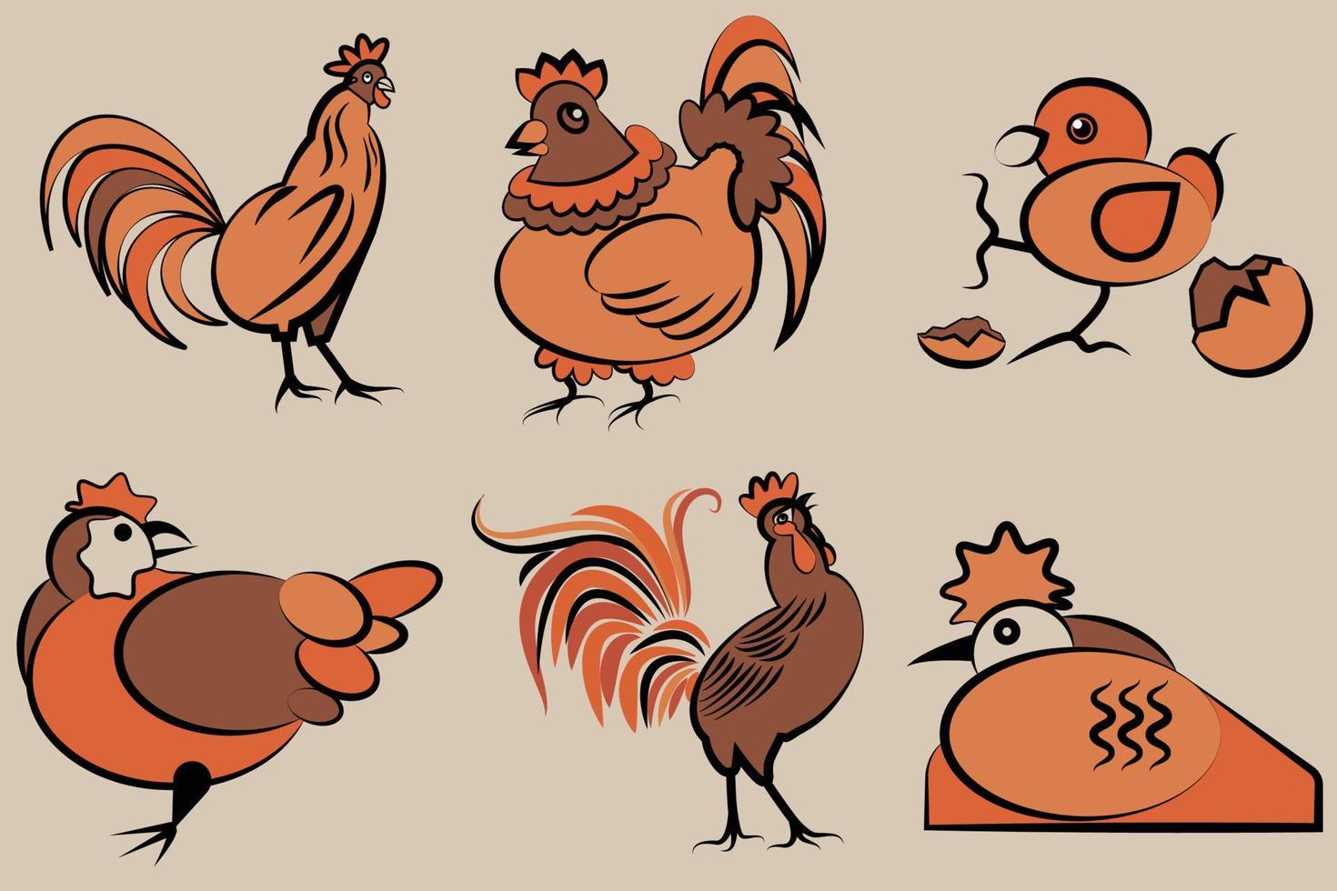 poule, coq, poulet, coq, poussin. vecteur