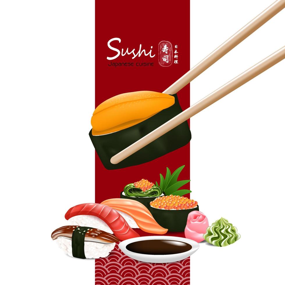 ensemble de sushi japonais cuisine traditionnelle avec différents types illustration vectorielle texte japonais signifie sushi cuisine japonaise vecteur