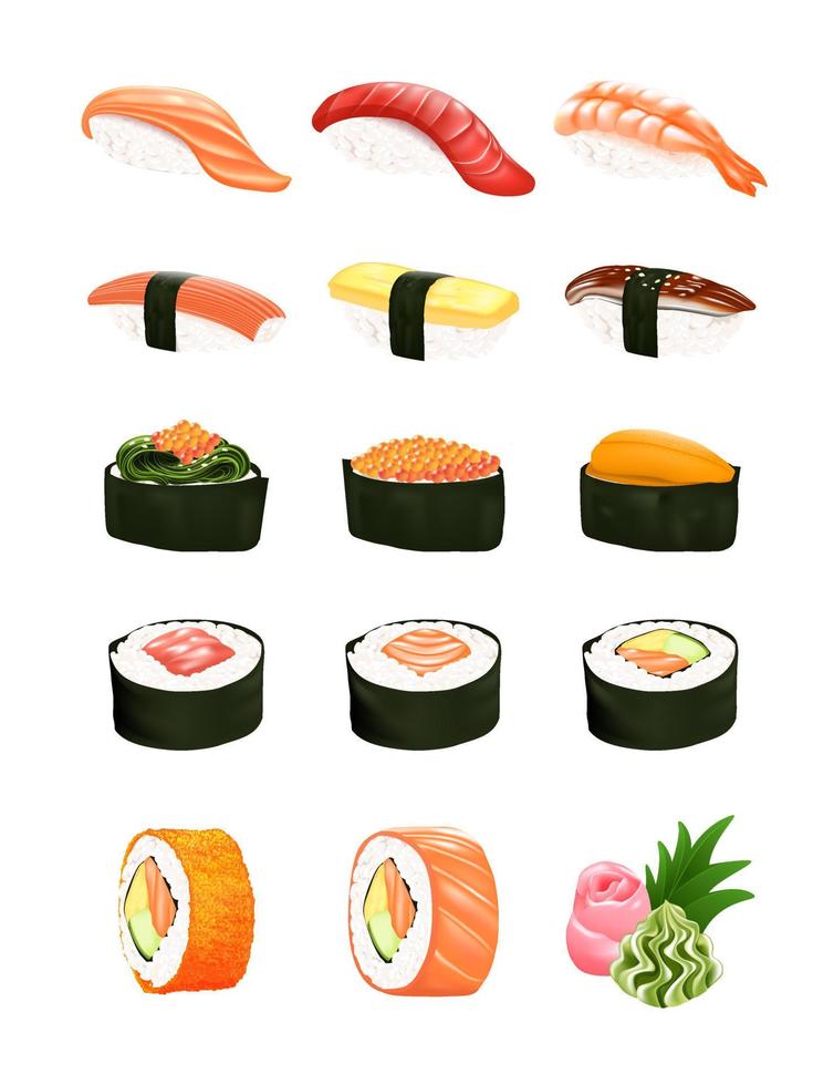 ensemble de nourriture traditionnelle japonaise sushi avec différents types sur illustration vectorielle fond blanc vecteur