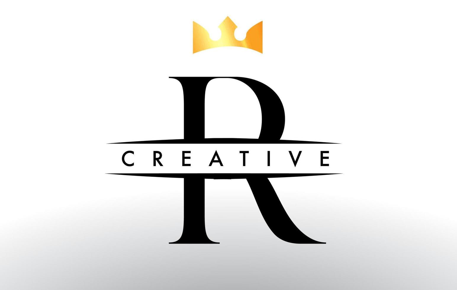 logo de lettre r avec icône de conception de couronne créative et vecteur de couleurs dorées