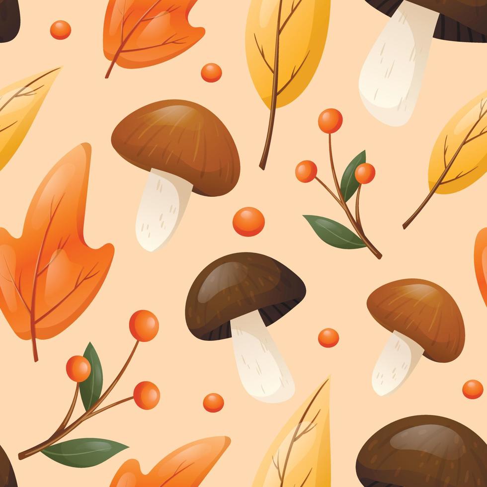 motif d'automne sans couture de vecteur dans des couleurs chaudes. champignons forestiers comestibles et baies sur des brindilles, une pomme mûre et des feuilles mortes sèches.