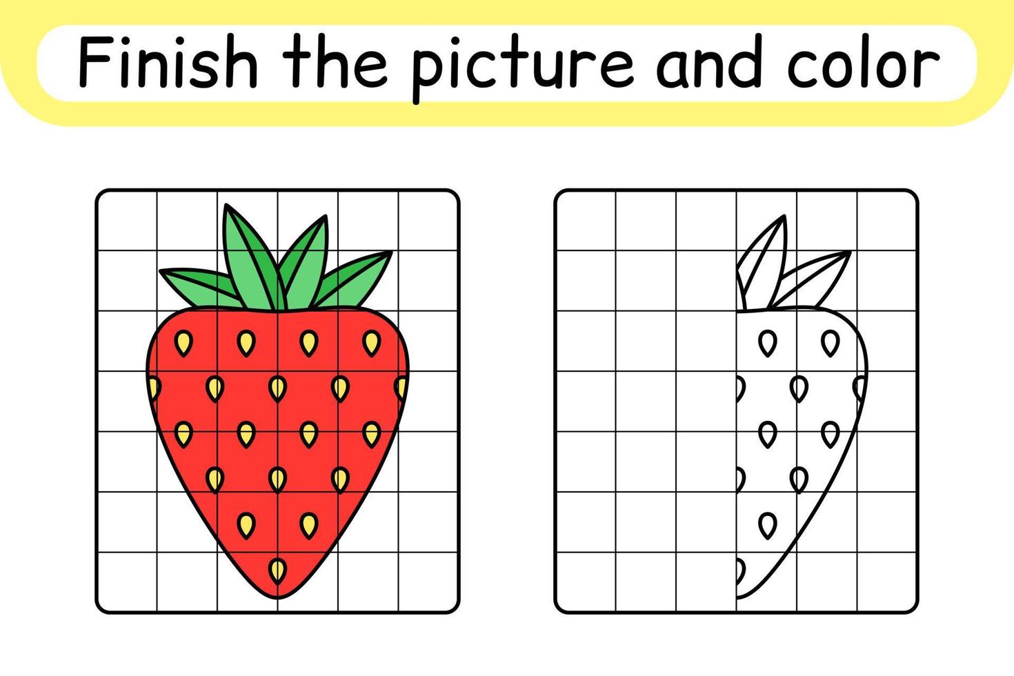 compléter le tableau fraise. copier l'image et la couleur. terminer l'image. livre de coloriage. jeu d'exercices de dessin éducatif pour les enfants vecteur