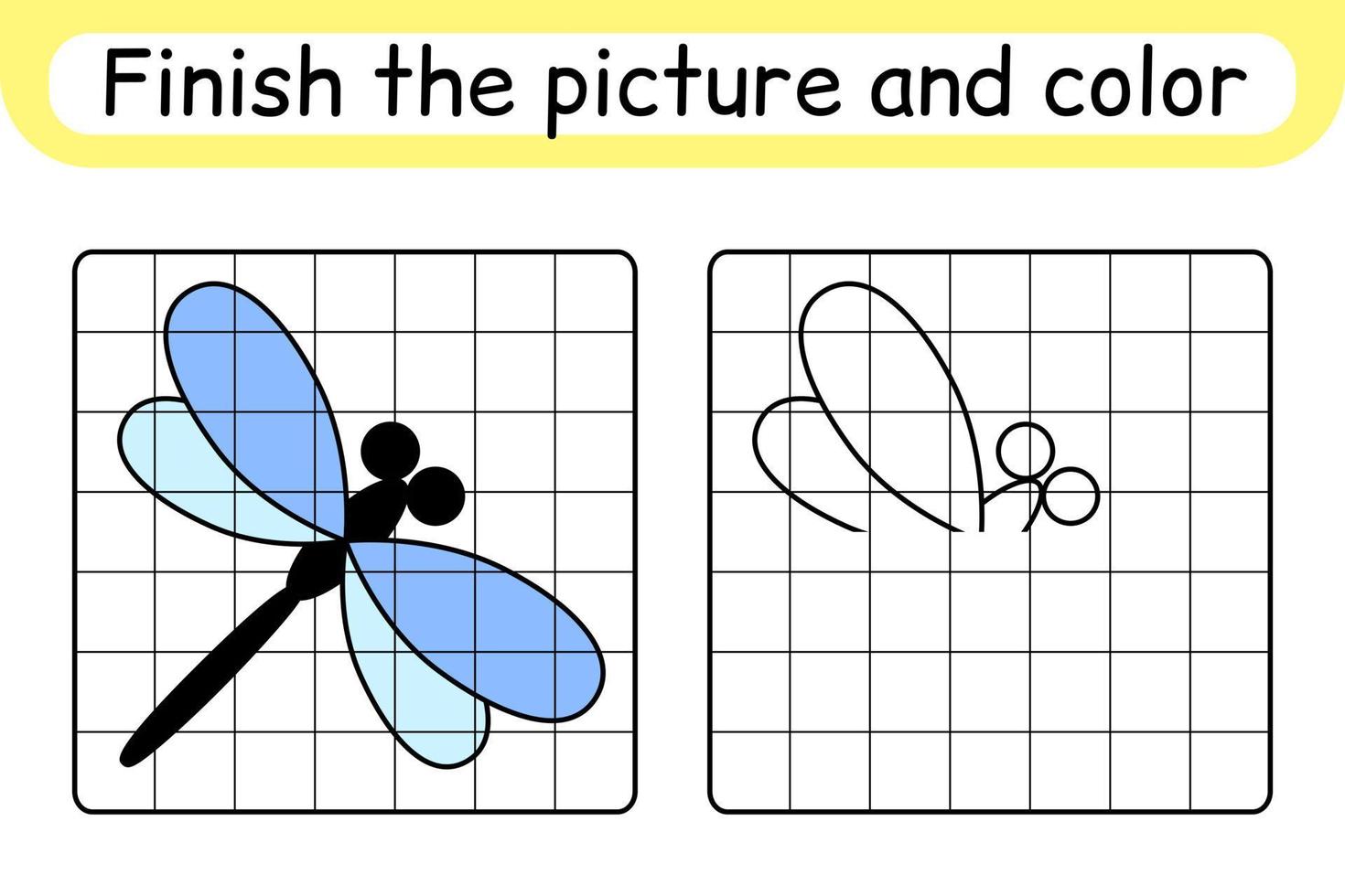 compléter le tableau libellule. copier l'image et la couleur. terminer l'image. livre de coloriage. jeu d'exercices de dessin éducatif pour les enfants vecteur