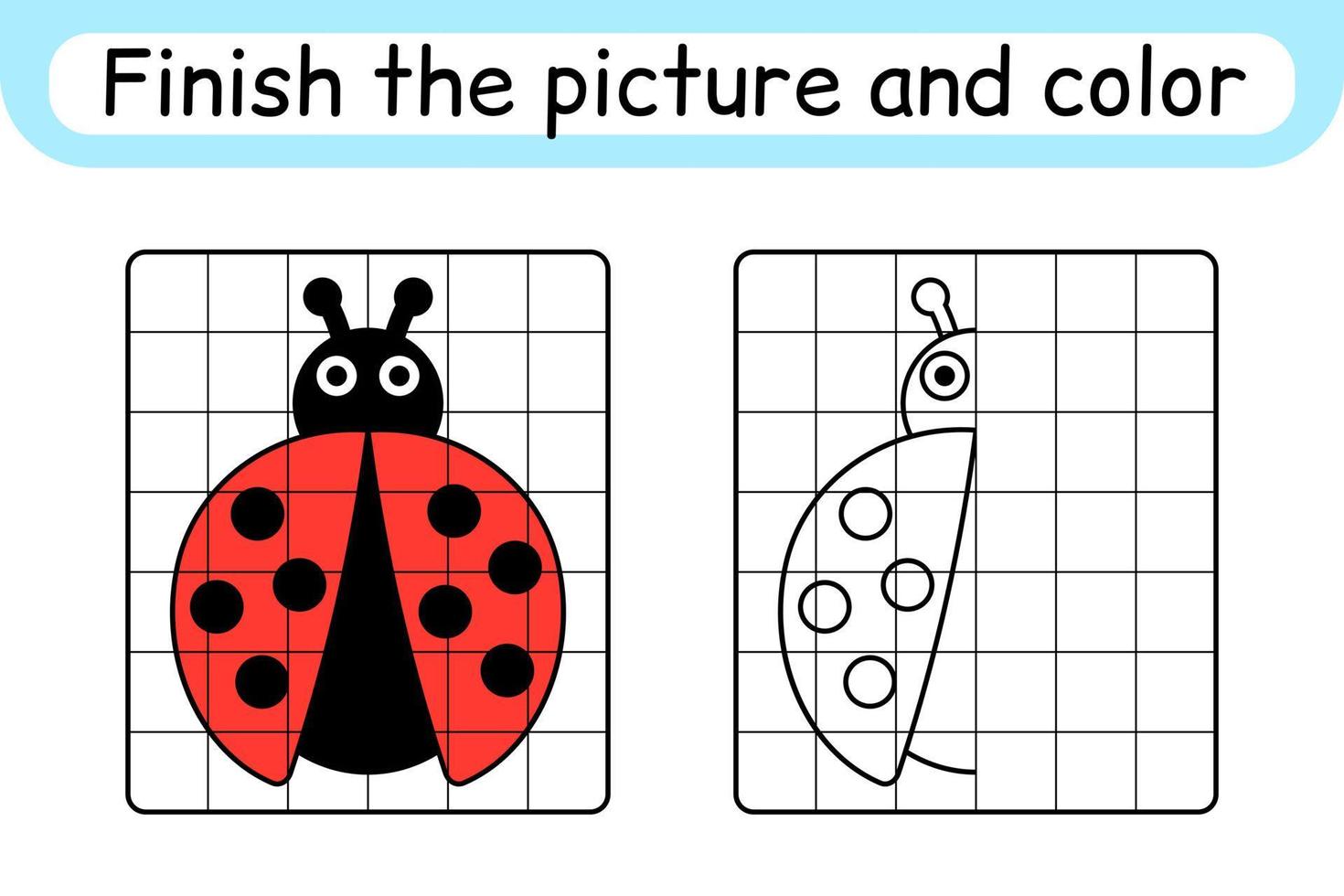 compléter l'image coccinelle. copier l'image et la couleur. terminer l'image. livre de coloriage. jeu d'exercices de dessin éducatif pour les enfants vecteur