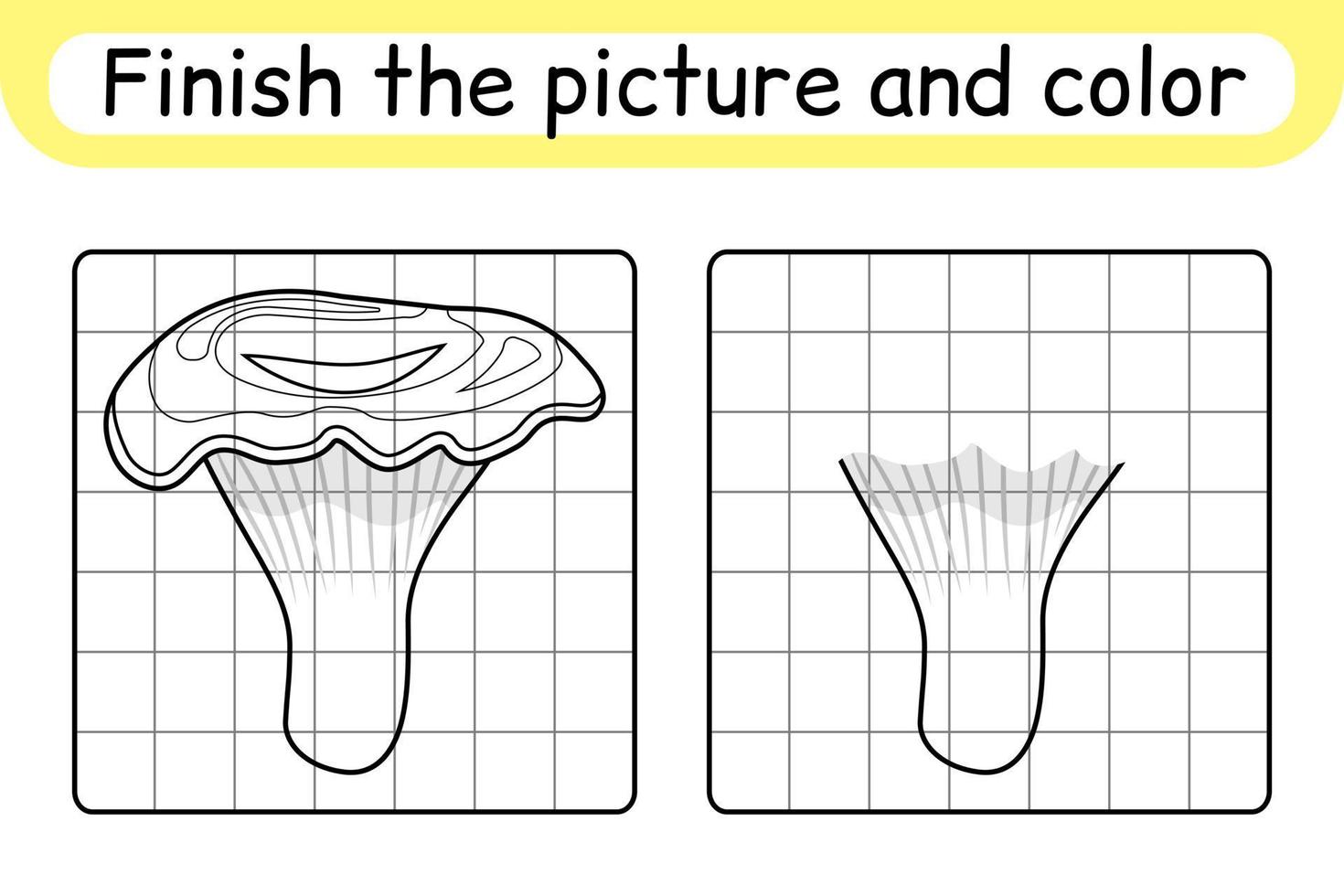 compléter le tableau chanterelle aux champignons. copier l'image et la couleur. terminer l'image. livre de coloriage. jeu d'exercices de dessin éducatif pour les enfants vecteur