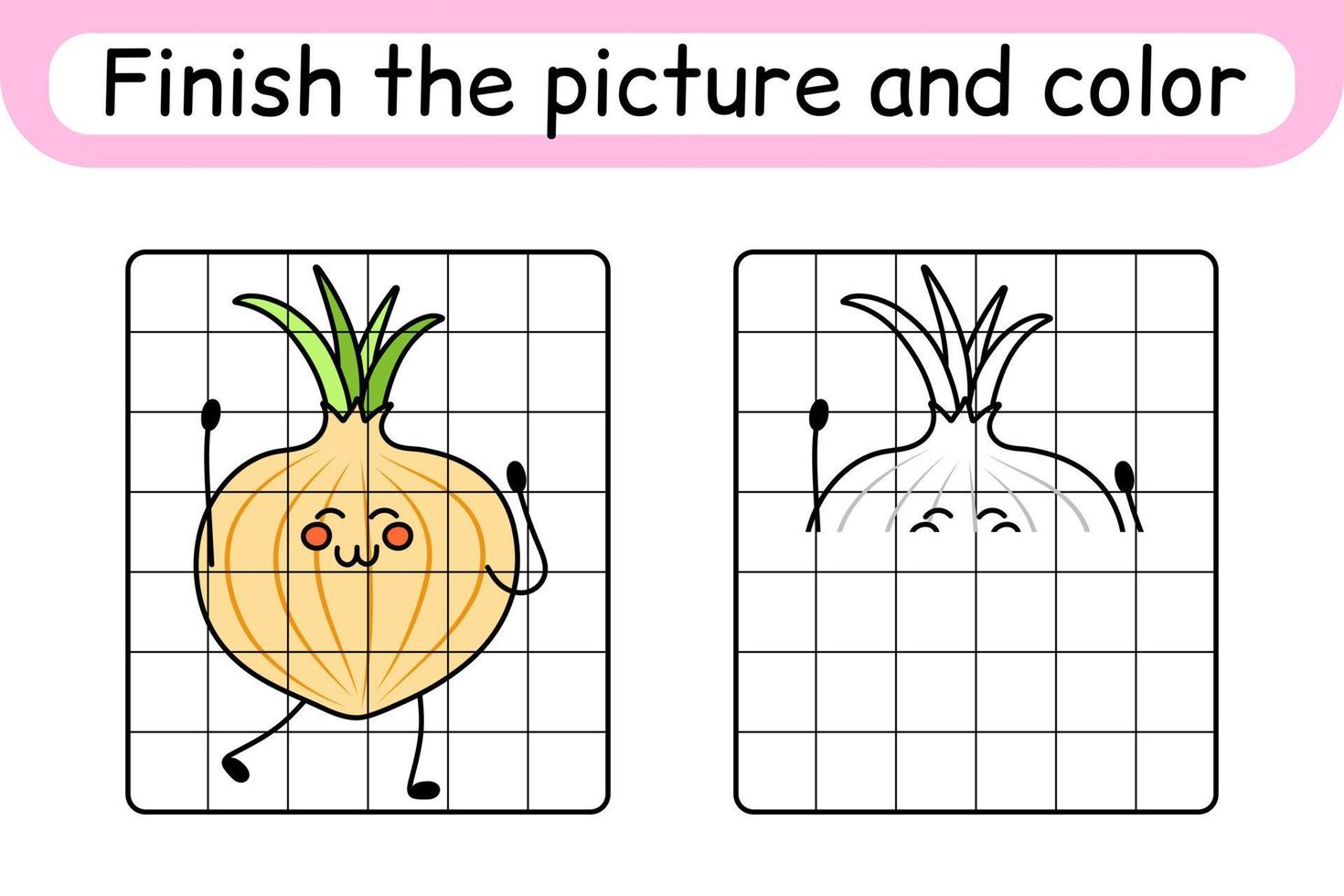 compléter le tableau oignon. copier l'image et la couleur. terminer l'image. livre de coloriage. jeu d'exercices de dessin éducatif pour les enfants vecteur