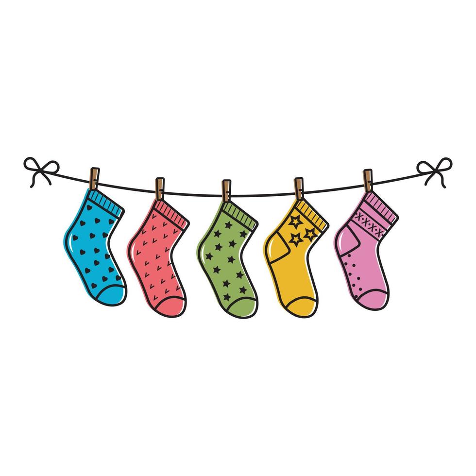 chaussettes colorées pour enfants suspendues à une corde, illustration vectorielle isolée vecteur