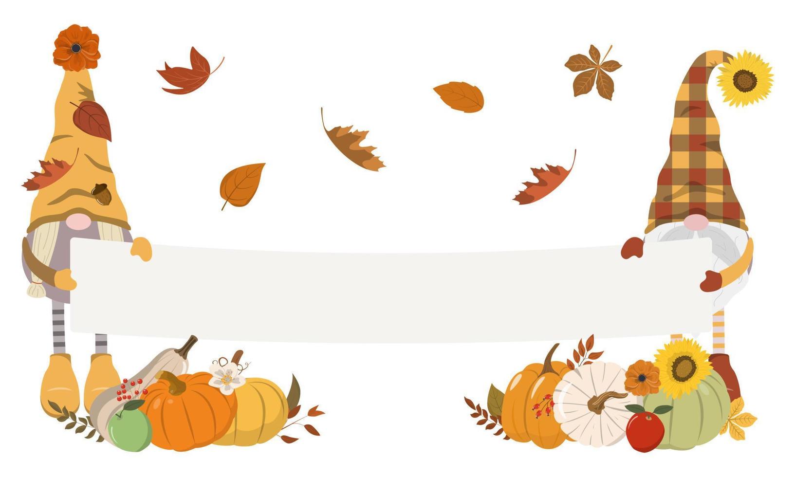 dessin animé gnomes de récolte d'automne tenant une bannière vide avec un espace pour le texte, les arrangements de citrouilles et les feuilles tombées. isolé sur fond blanc. conception du festival des récoltes d'automne. vecteur