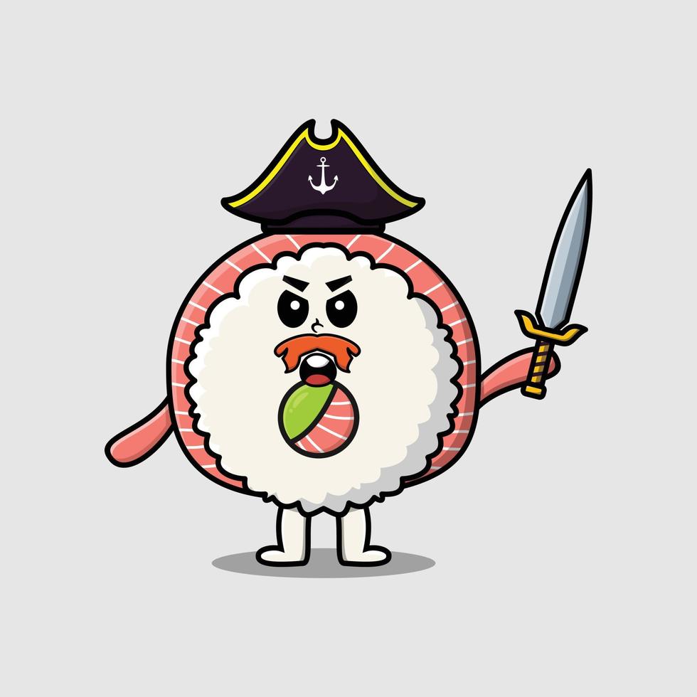 dessin animé mignon riz sushi roule sashimi pirate vecteur