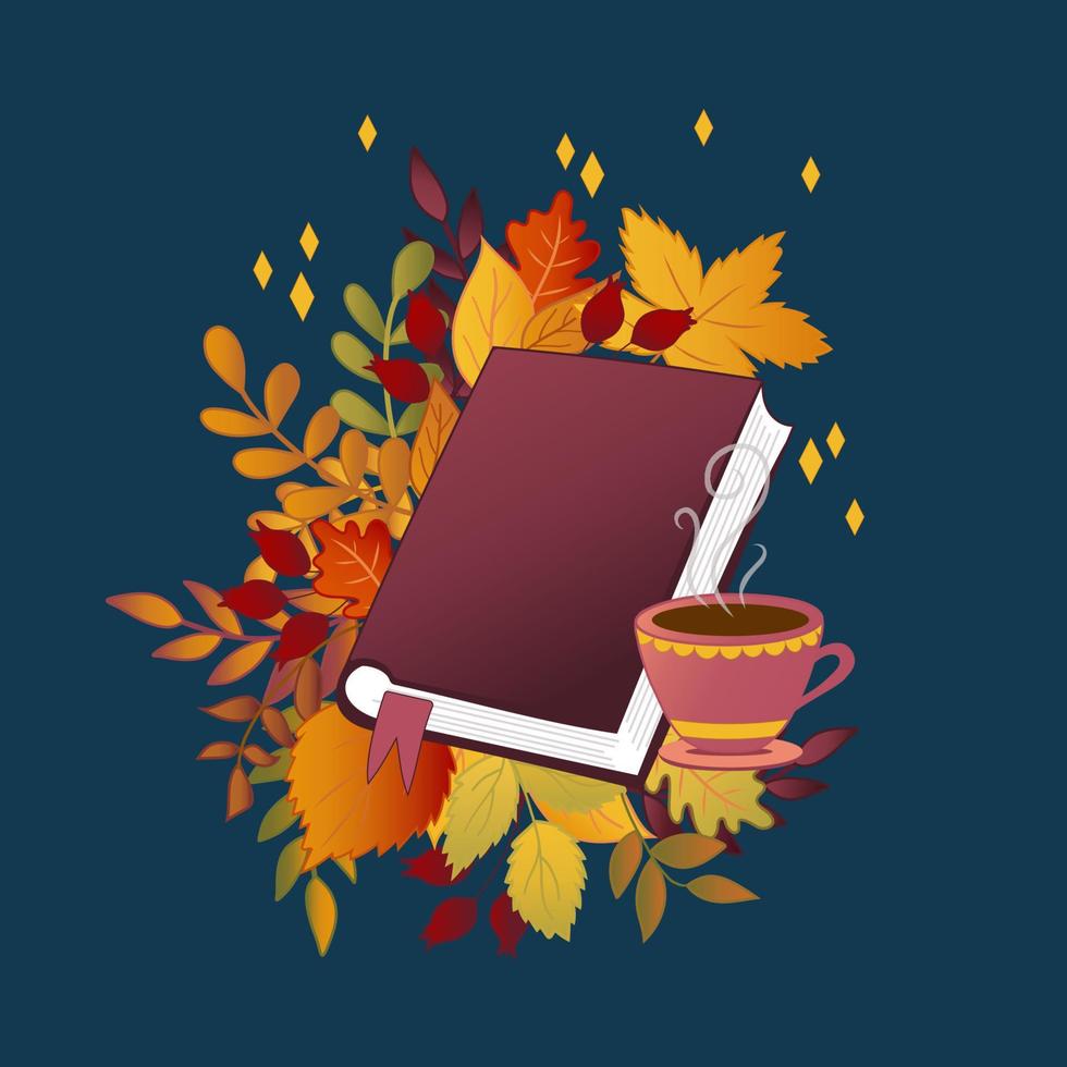 composition confortable avec un livre, des feuilles d'automne et une tasse de thé chaud sur fond bleu foncé. vecteur