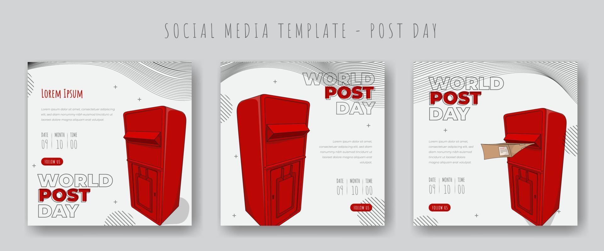 ensemble de publication sur les réseaux sociaux avec boîte aux lettres rouge et fond blanc pour la conception du modèle de la journée mondiale de la poste vecteur