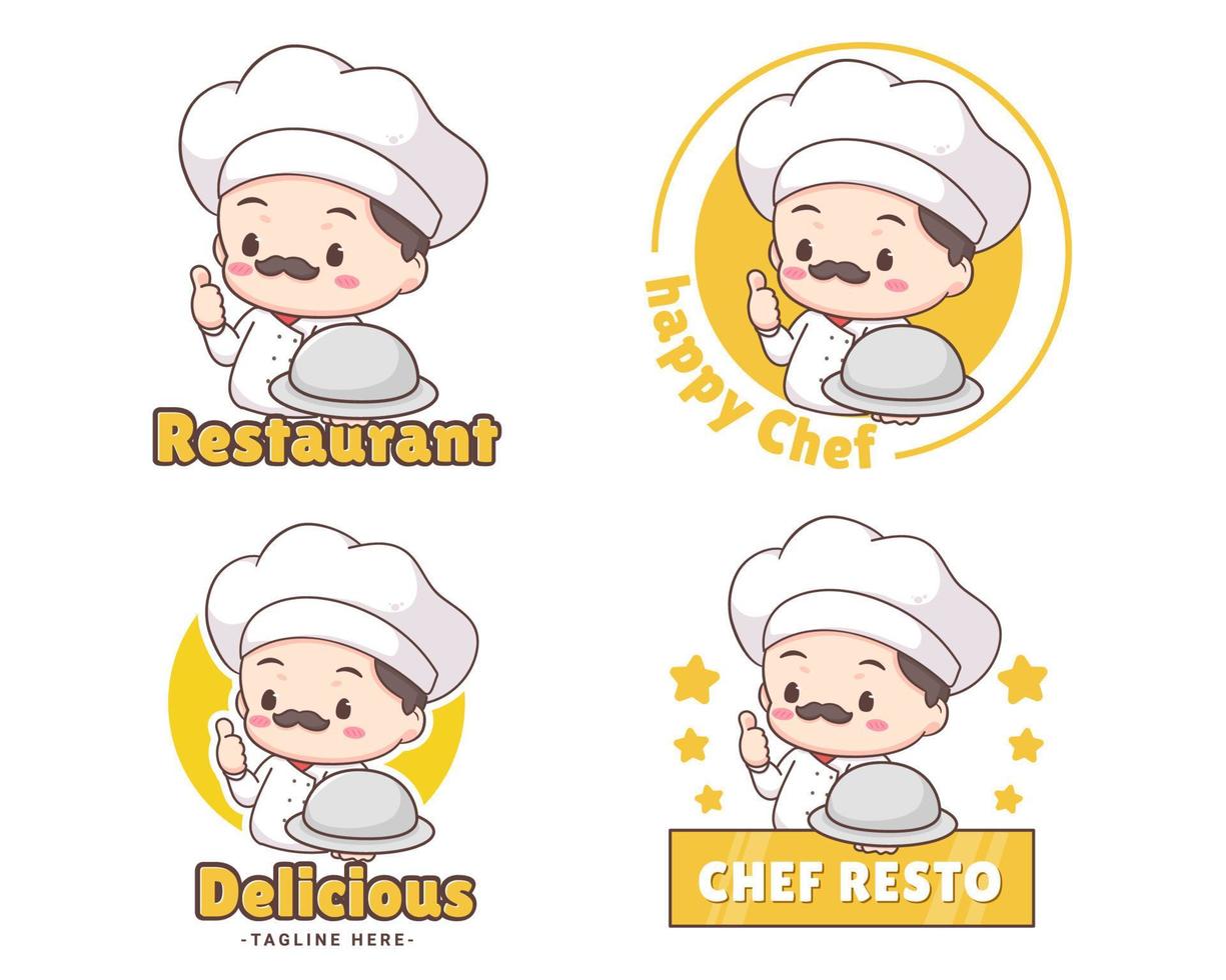 personnage de dessin animé de mascotte de logo de chef mignon. chef tenant une plaque d'argent. concept d'icône de nourriture de personnes isolé sur blanc. vecteur