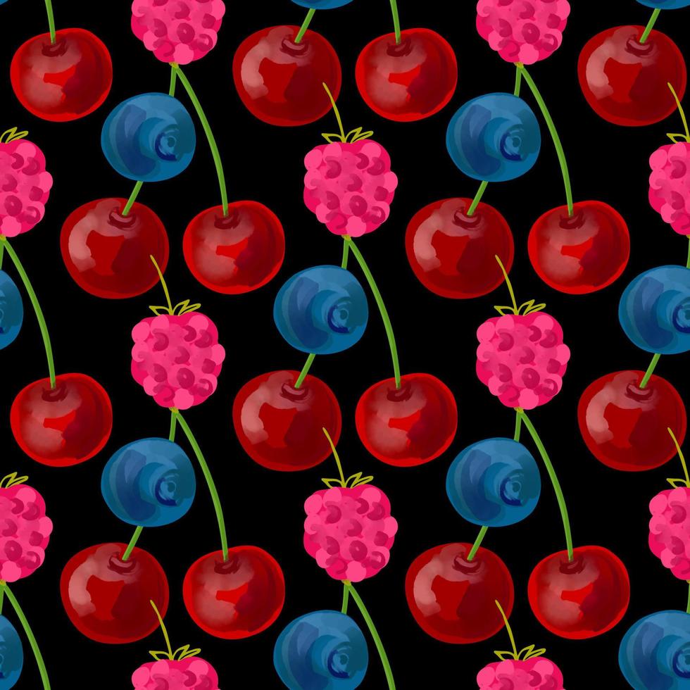 modèle sans couture avec illustration de framboises cerises et de bleuets sur fond noir vecteur