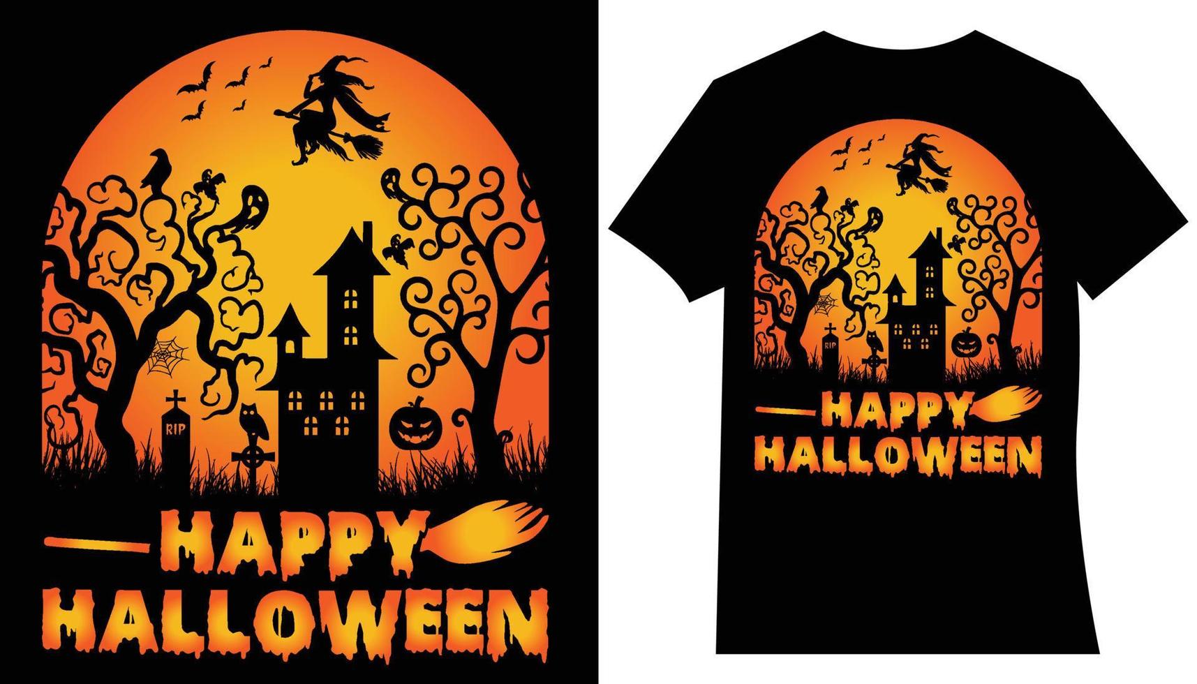 vecteur de conception de t-shirt halloween heureux. illustration vectorielle de style dessin animé de citrouille, chat de sorcière et chauves-souris, isolés sur fond blanc. imprimer pour la conception de t-shirts ou d'affiches. joyeux texte d'halloween.