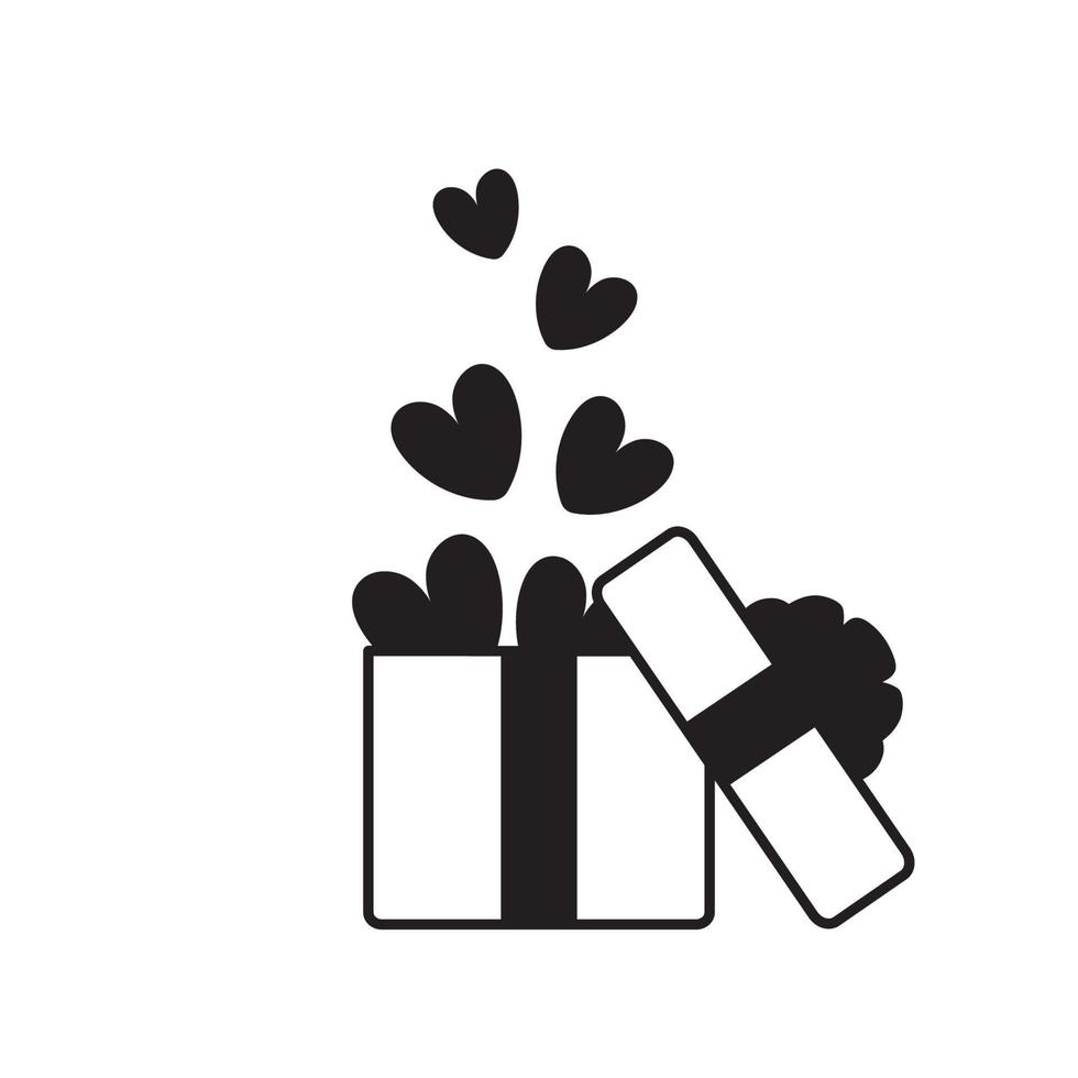 icône de boîte cadeau noir et blanc. cadeau ouvert avec des coeurs de confettis. illustration vectorielle pour la saint valentin, fête d'anniversaire, invitation, félicitation vecteur