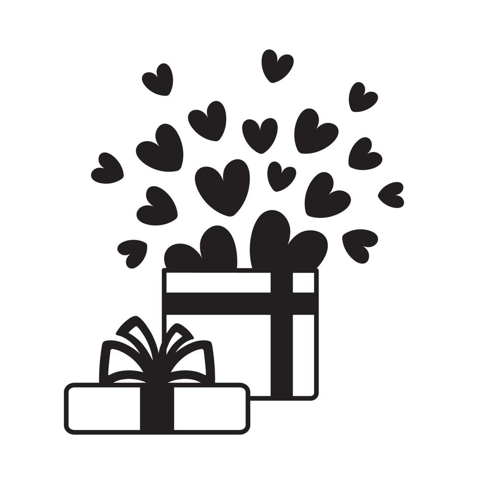 icône de boîte cadeau. cadeau ouvert avec des coeurs de confettis. conception linéaire en noir et blanc. illustration vectorielle pour la saint valentin, fête d'anniversaire, invitation, félicitation vecteur