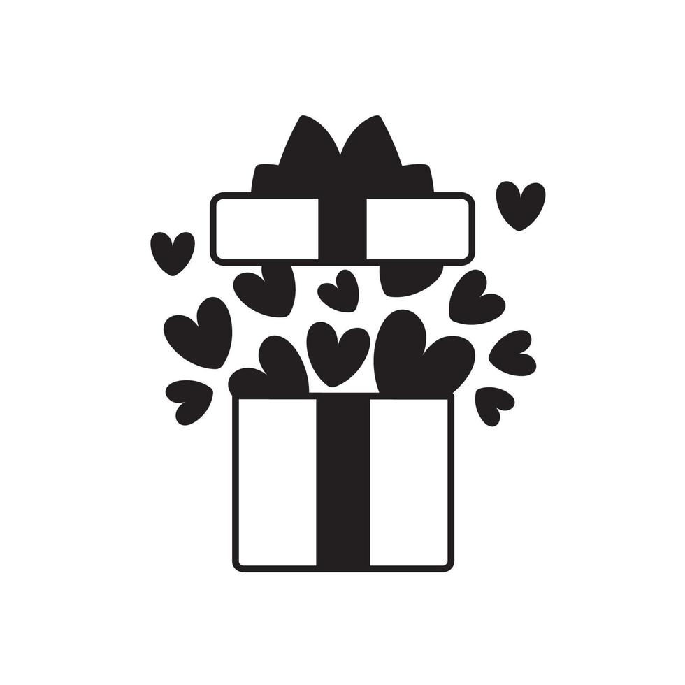 icône de boîte cadeau. cadeau ouvert avec des coeurs de confettis. conception linéaire en noir et blanc. illustration vectorielle pour la saint valentin, fête d'anniversaire, invitation, félicitation vecteur