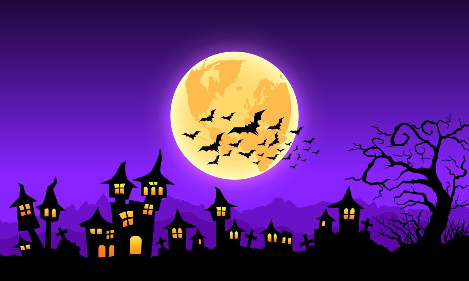mystérieux fond d'halloween dégradé violet, pleine lune, maison hantée et chauves-souris. vecteur