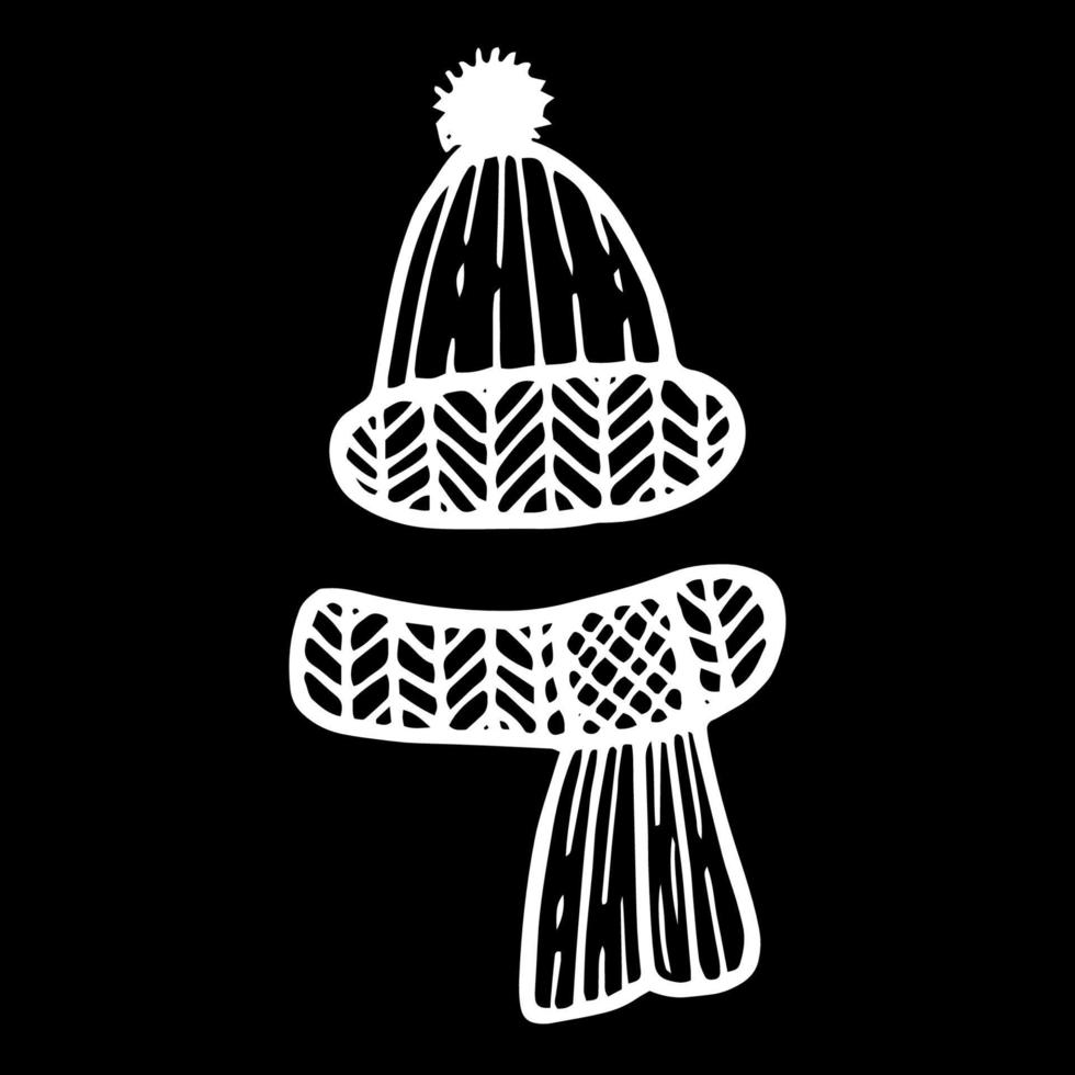 écharpe et chapeau de griffonnage tricotés. illustration dessinée à la main avec une doublure noire dans un style d'art en ligne. création de design pour le nouvel an, l'hiver, noël vecteur