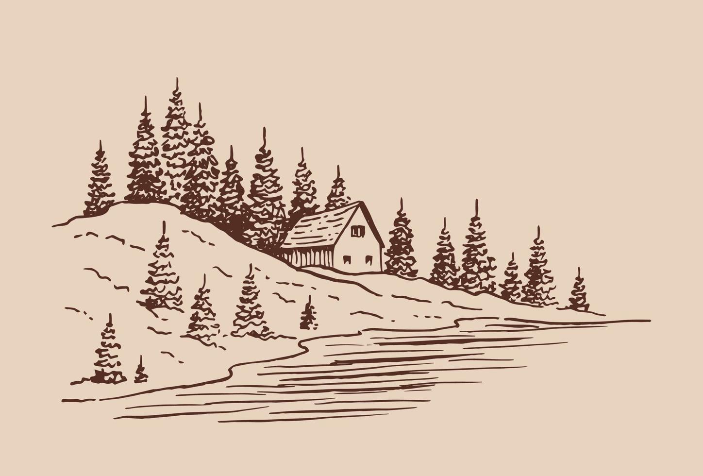 paysage avec pins et maison de campagne. illustration dessinée à la main convertie en vecteur. vecteur