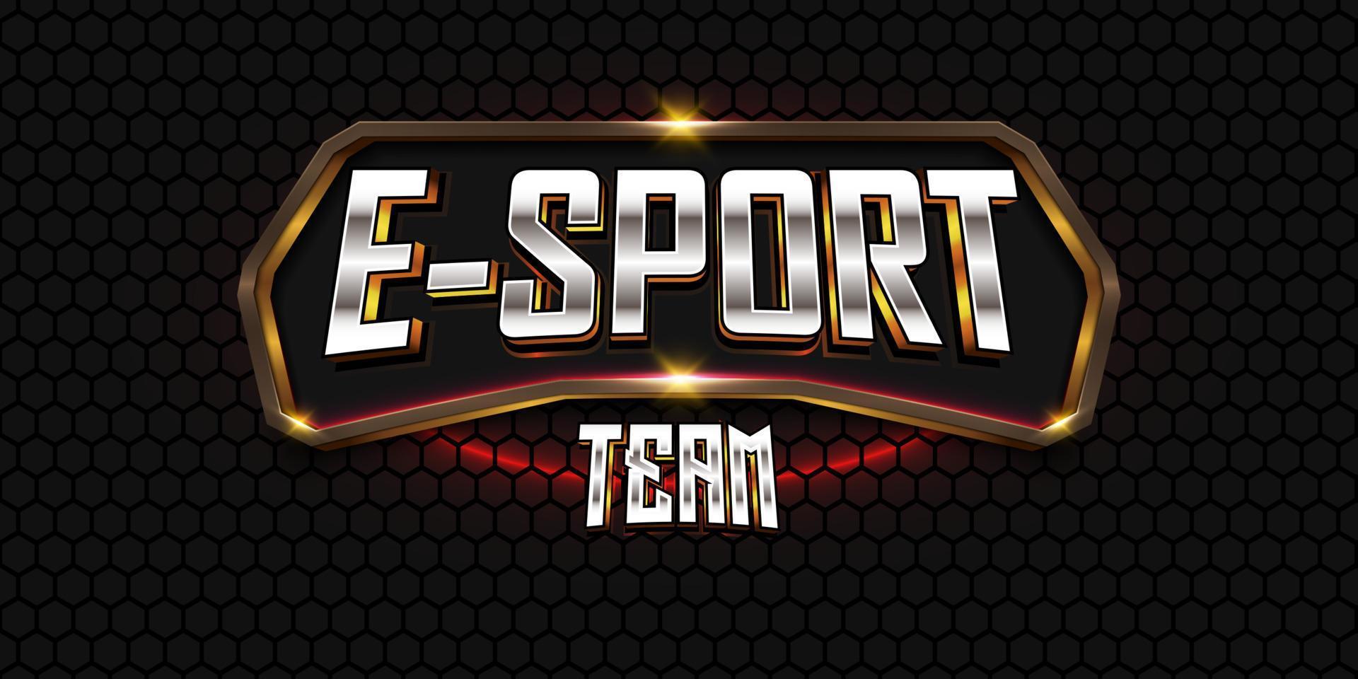 Effet de texte du logo de l'équipe e-sports 3d avec emblème doré et fond hexagonal foncé vecteur