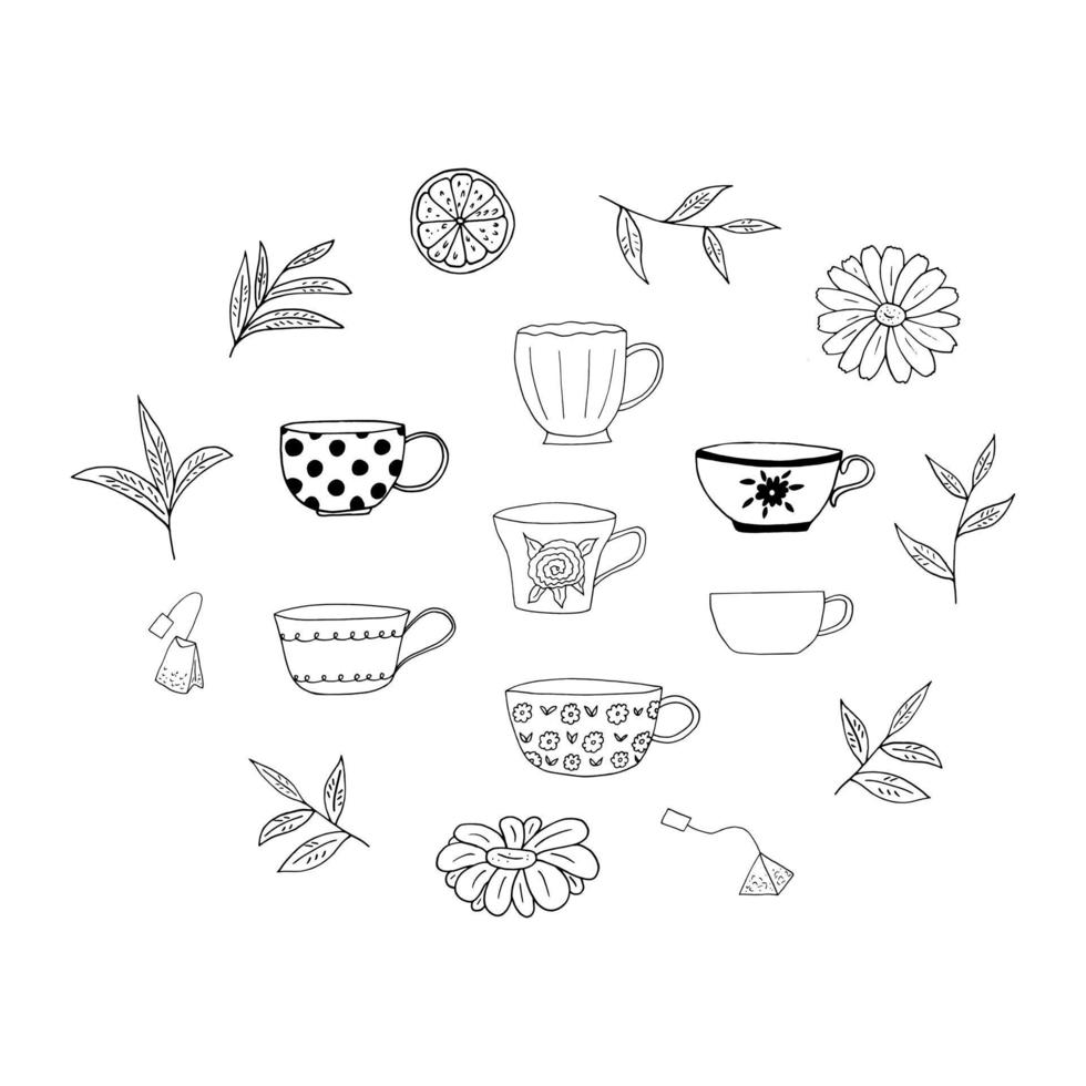 ensemble de tasses dessinées à la main dans un style doodle. vecteur, minimalisme, monochrome, scandinave. icône autocollant vecteur