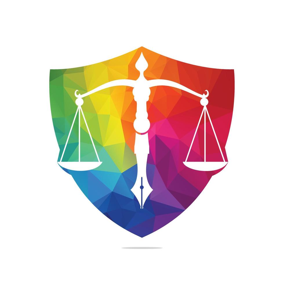 vecteur de logo de droit avec équilibre judiciaire symbolique de l'échelle de la justice dans une pointe de stylo. vecteur de logo pour le droit, les tribunaux, les services de justice et les entreprises.
