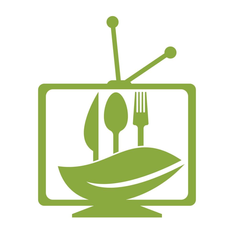 conception de modèle de logo de chaîne alimentaire saine. cuisine culinaire avec dessin vectoriel de télévision.