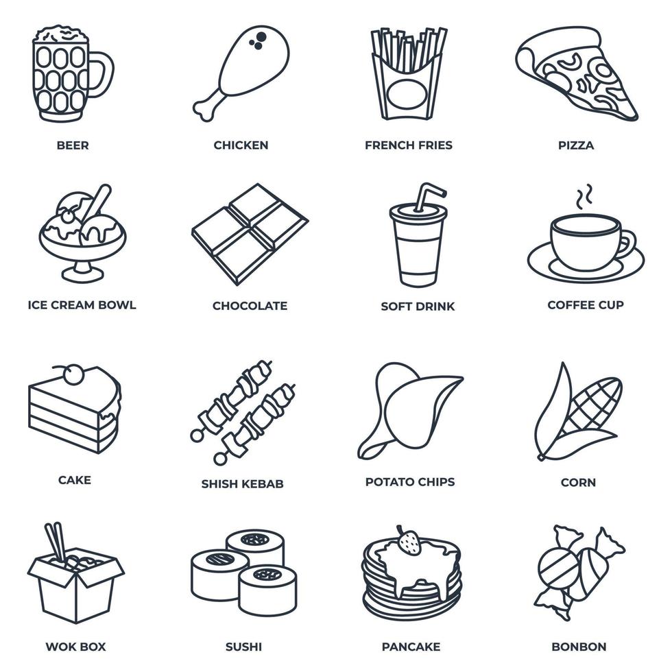 ensemble d'illustration vectorielle de restauration rapide icône logo. barre de chocolat, boisson gazeuse, tasse à café, boîte de wok, sushi, crêpe, bonbon et plus modèle de symbole de pack pour la collection de conception graphique et web vecteur