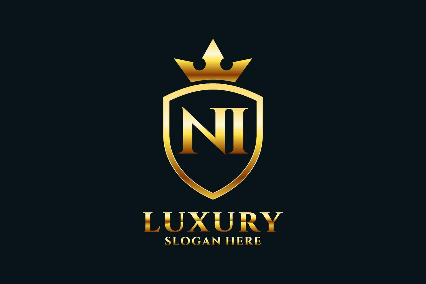 logo monogramme de luxe élégant ni initial ou modèle de badge avec volutes et couronne royale - parfait pour les projets de marque de luxe vecteur