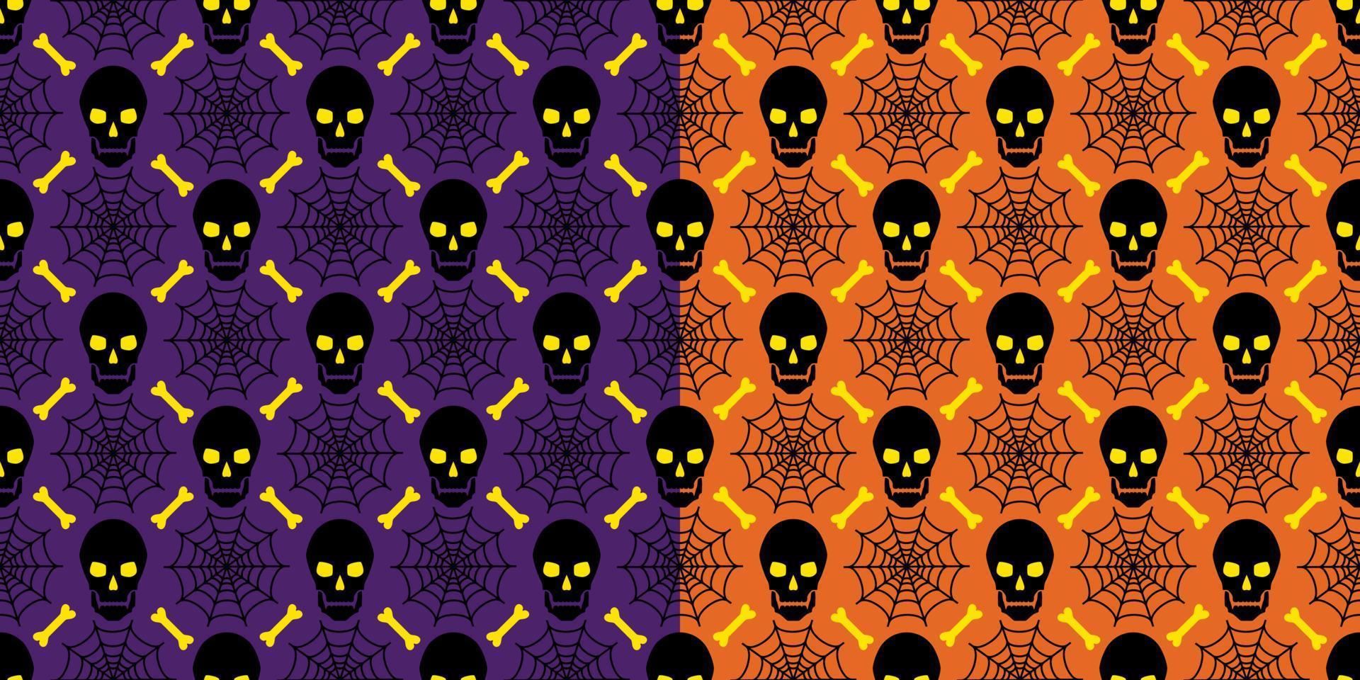 ensemble de motifs géométriques halloween orange et violet sans couture avec crânes, toile d'araignée, os dans une grille carrée diagonale. vecteur. vecteur