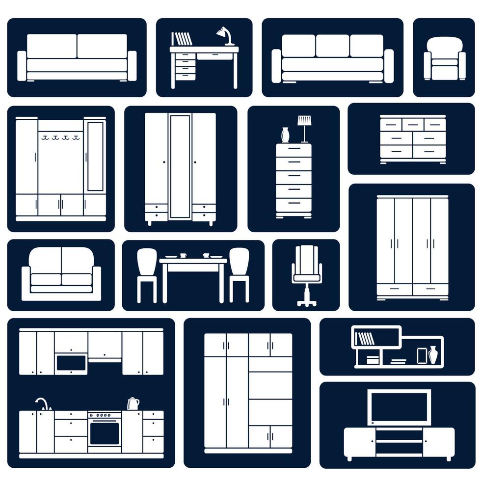 icônes de silhouette de meubles de bureau et de maison à plat vecteur