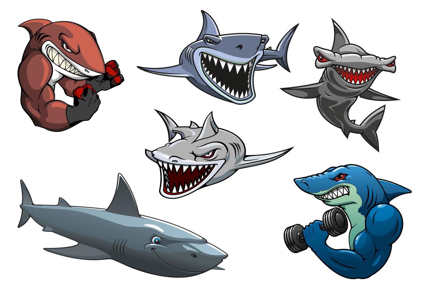 personnages de dessins animés de requins gris, blancs et marteaux en colère vecteur