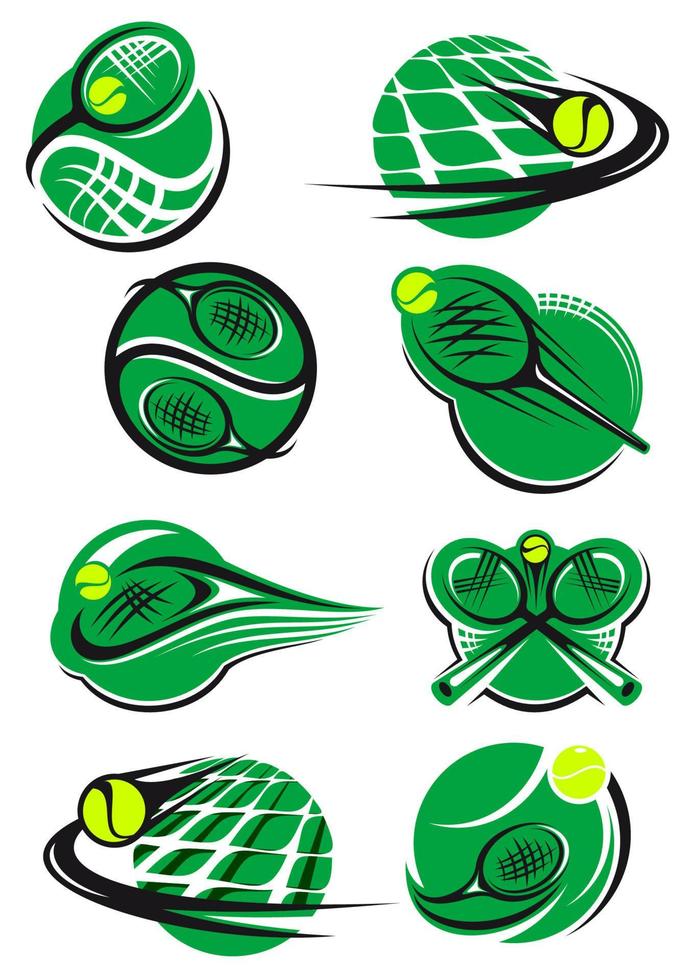 icônes et symboles de tennis avec balles de raquettes, filet vecteur