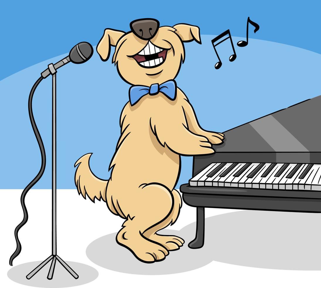 dessin animé chien personnage animal comique chantant au piano vecteur