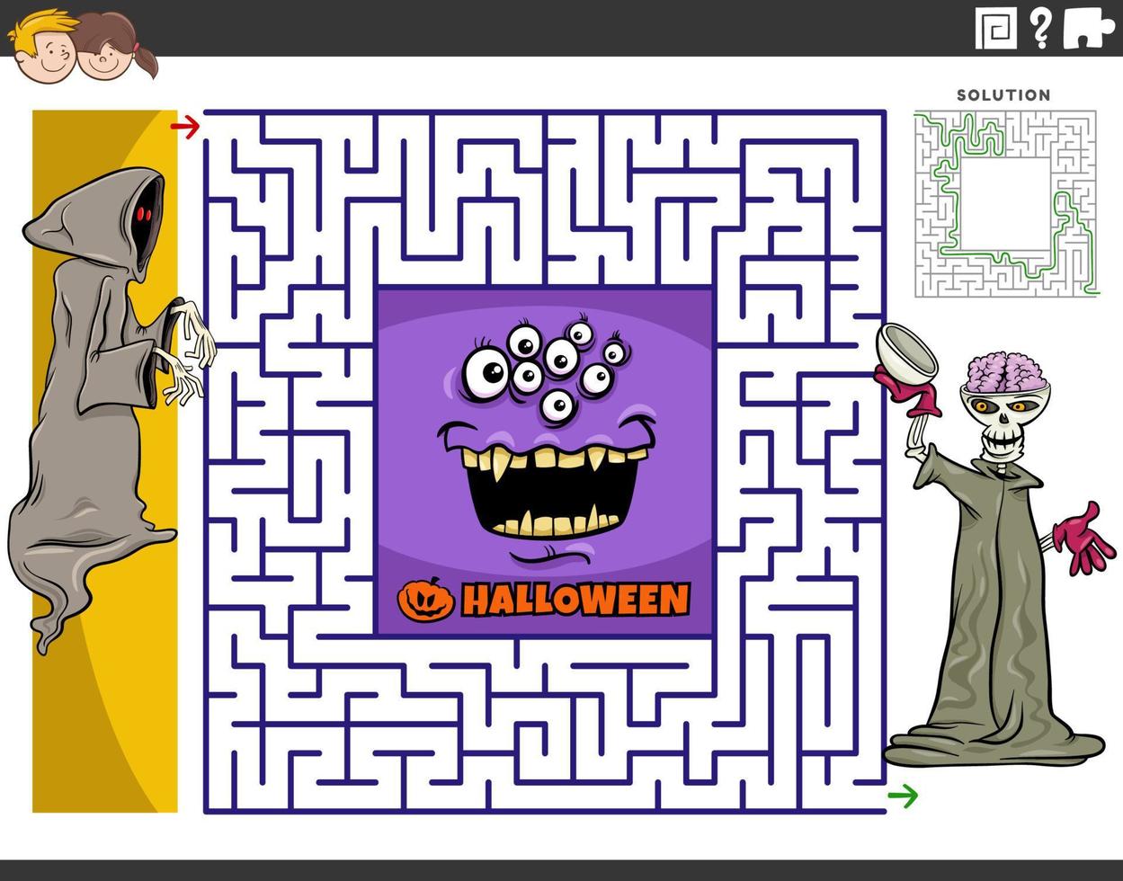 labyrinthe avec squelette de dessin animé et monstre à l'heure d'halloween vecteur
