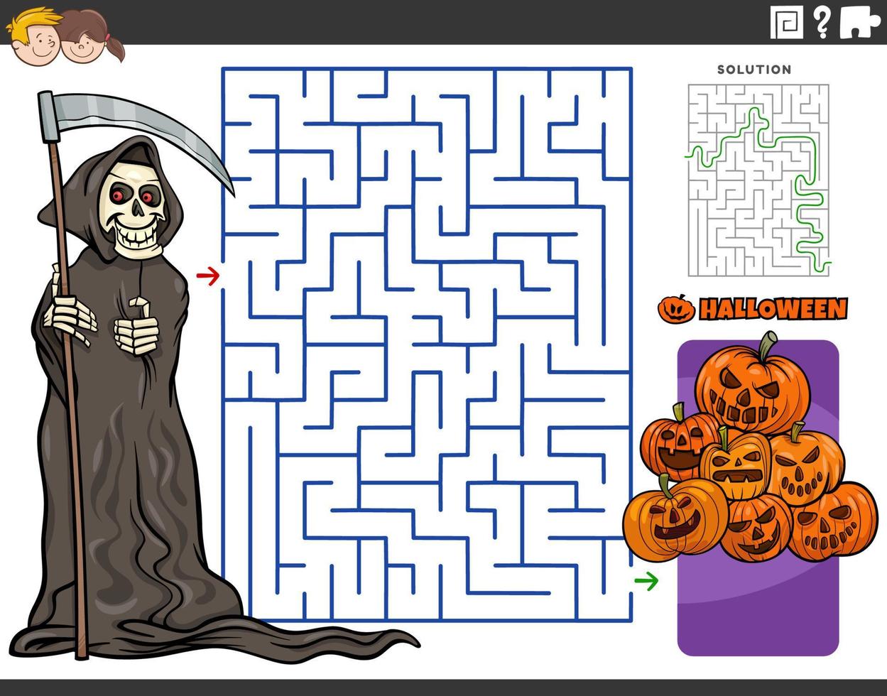 labyrinthe avec dessin animé faucheuse à l'heure d'halloween vecteur